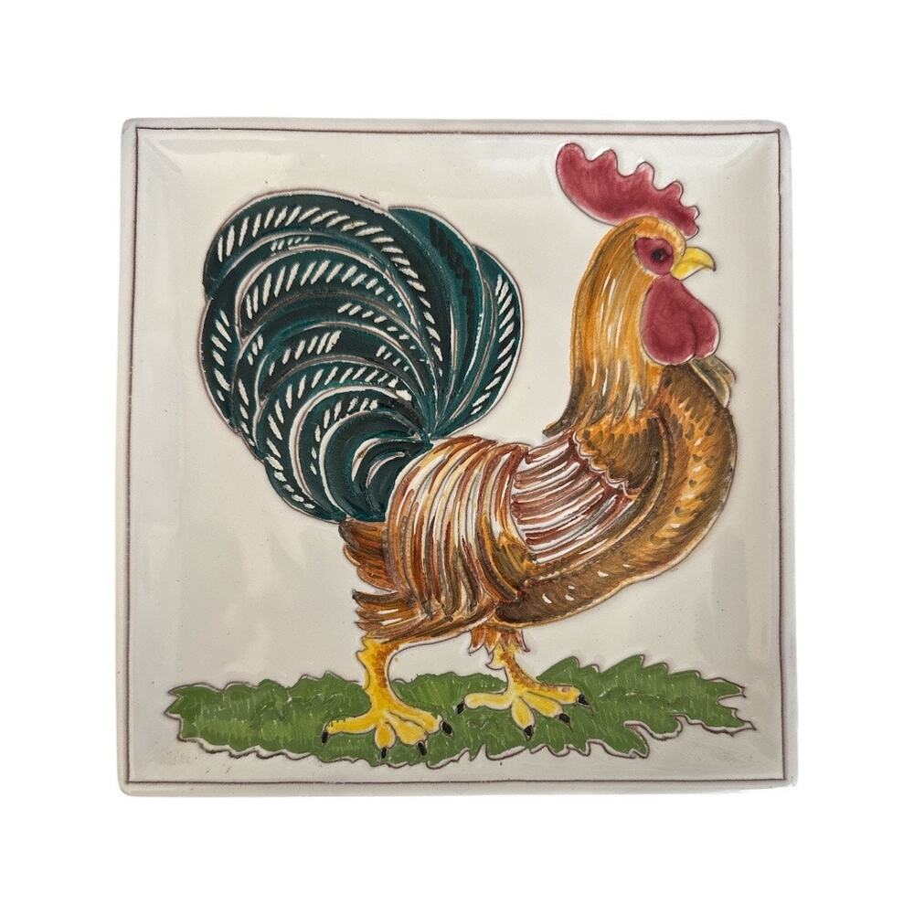 Vintage Square Rooster Dish Wall Hanging Made in Italy